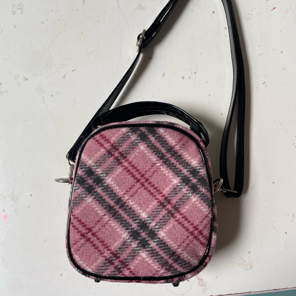 Plaid Pink Crossbody Bag with Bear Patch - Picture 2 of 4